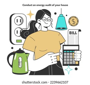 Conduct an energy audit of your house for energy efficiency at home. Electricity consumption expenses. Inflation or economic recession effect. Flat vector illustration