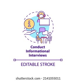 Conduct informational interviews concept icon. Step to choose career abstract idea thin line illustration. Planning future. Isolated outline drawing. Editable stroke. Arial, Myriad Pro-Bold fonts used
