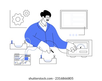 Realizar un experimento físico con una ilustración abstracta del vector de concepto. Profesor de Física haciendo experimentos con equipos, realizando investigación, industria de la ciencia, adquisición de datos metáfora abstracta.