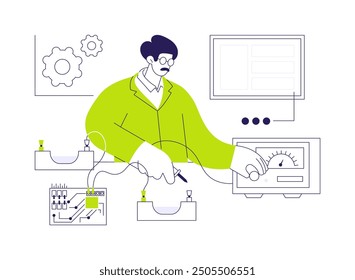 Conduct physics experiment abstract concept vector illustration. Physics professor making experiment with equipment, conducting research, science industry, data acquisition abstract metaphor.