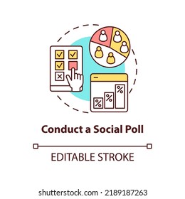 Conduct social poll concept icon. Media embeddedness use method abstract idea thin line illustration. Target audience. Isolated outline drawing. Editable stroke. Arial, Myriad Pro-Bold fonts used