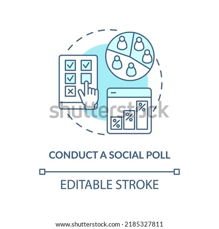 Conduct social poll turquoise concept icon. Media embeddedness use method abstract idea thin line illustration. Isolated outline drawing. Editable stroke. Arial, Myriad Pro-Bold fonts used