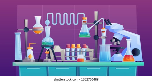 Conducting chemical test or experiment on indoor table, laboratory to conduct medical researchers with test tubes, beakers and pipeline. Vector cartoon pharmaceutical and medical glassware, microscope