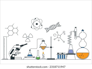 Conducting chemical test or experiment on indoor table, laboratory to conduct medical researchers with test tubes, beakers and pipeline. Vector cartoon pharmaceutical and medical glassware, microscope