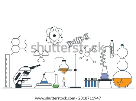 Conducting chemical test or experiment on indoor table, laboratory to conduct medical researchers with test tubes, beakers and pipeline. Vector cartoon pharmaceutical and medical glassware, microscope