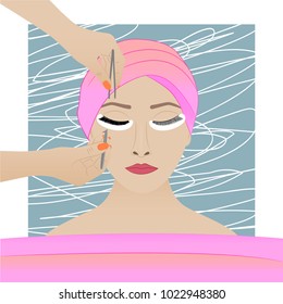 Conducting cosmetic procedure for eyelash extension. Vector illustration