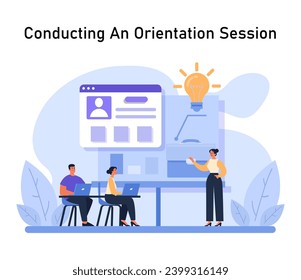 Conducting An Orientation Session concept. A presenter elucidates the onboarding process with a lightbulb idea, while employees actively engage using their laptops. Flat vector illustration.