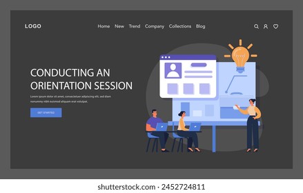 Conducting An Orientation Session concept. A presenter elucidates the onboarding process with a lightbulb idea, while employees actively engage using their laptops. Flat vector illustration.