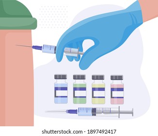 Conducting regular vaccinations against various diseases and the coronavirus KOVID-19. The doctor injects a dose of vaccine into the patient's arm. Antiviral shot. Safe protection against viruses.