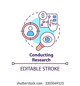 Conducting Research Concept Icon. Analyse Market And Customers. Product Management Abstract Idea Thin Line Illustration. Isolated Outline Drawing. Editable Stroke. Arial, Myriad Pro-Bold Fonts Used