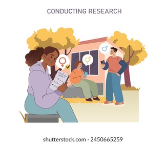 Conducting Research concept. An insightful depiction of gender studies research in progress, showing active engagement with diverse communities.