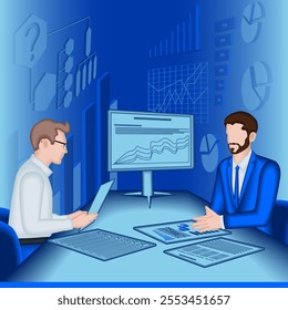 Conducting stakeholder interviews to identify and understand problems in the decision-making process. 2D vector illustration.