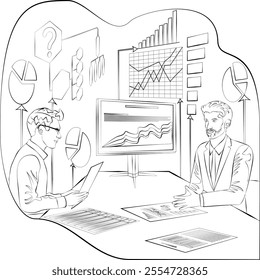 Conducting stakeholder interviews to identify and understand problems in the decision-making process. Sketch. Vector illustration.