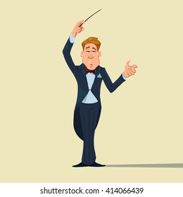 conductor with baton, leadership concept, orchestra, cartoon character, vector illustration