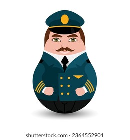 The conductor of the car. A man in a uniform and a cap checks train tickets. Design tilting toy. Modern kawaii dolls for your business project. Flat vector.