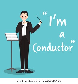 Conductor character on sky blue background flat design