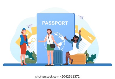 Conductor checks passport. Airport employee announced boarding of plane. Checking tickets and passengers. Happy women fly on vacation. Cartoon flat vector illustration isolated on white background