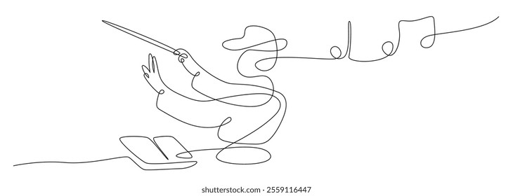 Conductor conducting an orchestra line vector, Continuous single one line art drawing of music conductor directing concert