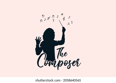 Conductor with a conductor's baton, composer's silhouette isolated white background with baton