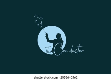 Conductor with a conductor's baton, woman silhouette isolated circle with baton