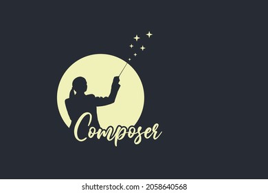 Conductor with a conductor's baton, woman silhouette isolated circle with baton and stars