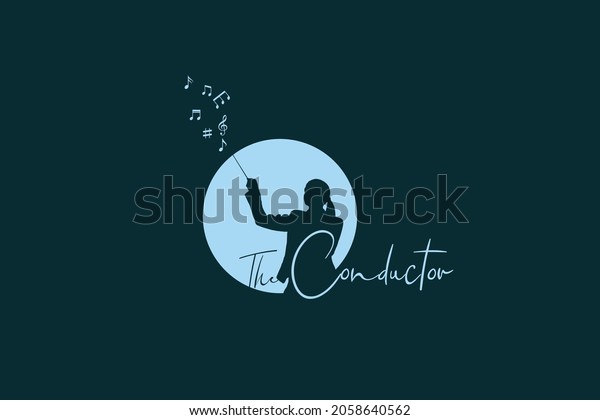 Conductor with a conductor\'s baton, woman\
silhouette isolated circle with\
baton