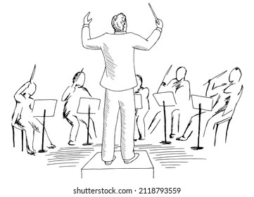 Conductor Directs The Orchestra Graphic Black White Sketch Illustration Vector