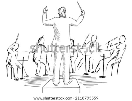 Conductor directs the orchestra graphic black white sketch illustration vector