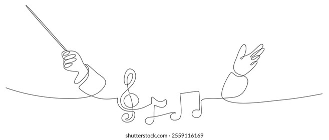 Conductor hand line vector, Continuous single one line art drawing of music conductor directing concert, conductor with music melody note 