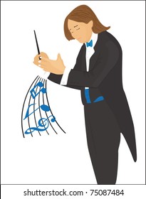 The conductor instructs an orchestra a hand and a stick