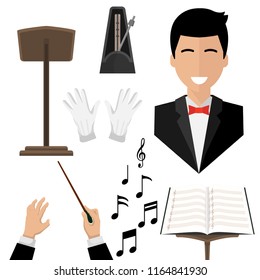 conductor , isolated icons on white background. notes, treble clef, wand