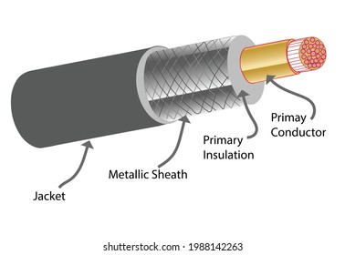 Conductor and isolation on the outside and inside of the cable. Infographic of wire elements and parts. Inner cable detailed