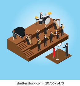 Conductor leading orchestra isometric 3d vector concept for banner, website, illustration, landing page, flyer, etc.