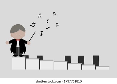 Conductor man stand on piano keys icon vector illustration.