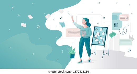 Conductor marketing business girl with a conductor stick managing administrator director owner businessman playing business notes music sales