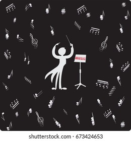 Conductor, music stand and sheet music. Vector image. Composition for the design of advertising booklets, illustrations, concert programs, announcements of speeches in magazines, newspapers, websites.