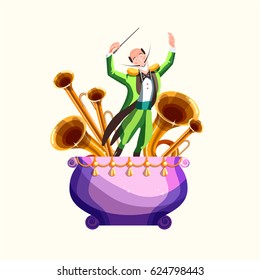 Conductor and musical wind instruments, vector illustration