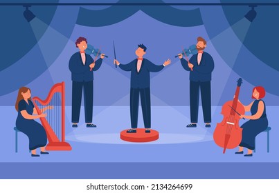 Conductor and musicians in official suit on stage. Men and women playing violin, harp and cello in theater flat vector illustration. Opera, orchestra performance, classical music concept