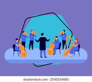 Conductor and musicians playing on violin, harp and cello isolated flat vector illustration. Cartoon symphony orchestra on stage. Classical music and entertainment concept