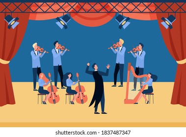 Conductor and musicians standing on theater stage flat vector illustration. Cartoon people playing violin, cello and harp. Symphony orchestra and classical music concert concept