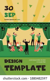 Conductor and musicians standing on theater stage flat vector illustration. Cartoon people playing violin, cello and harp. Symphony orchestra and classical music concert concept