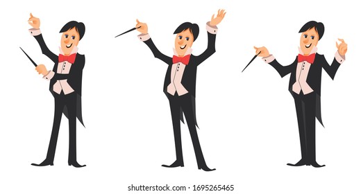 Conductor of orchestra in different poses. Male character in cartoon style.