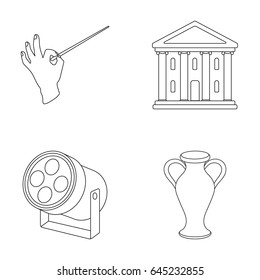 Conductor s baton, theater building, searchlight, amphora.Theatre set collection icons in outline style vector symbol stock illustration web.