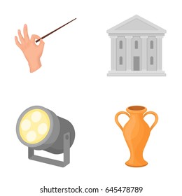 Conductor s baton, theater building, searchlight, amphora.Theatre set collection icons in cartoon style vector symbol stock illustration web.
