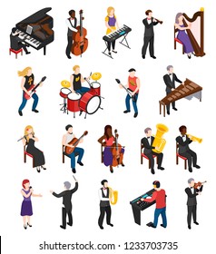 Conductor singer and musicians with stringed wind bowed and percussion instruments isometric people isolated vector illustration