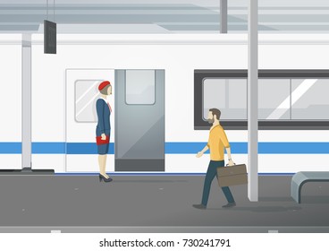 Conductor standing on railway platform. Man with suitcase going out of train. Vector illustration.