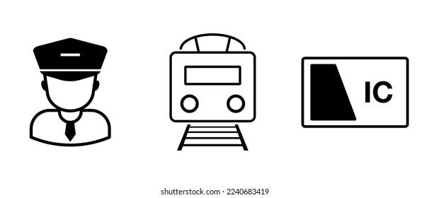 Conductor, train and IC card icon set. Rail transportation icon set. Vector.