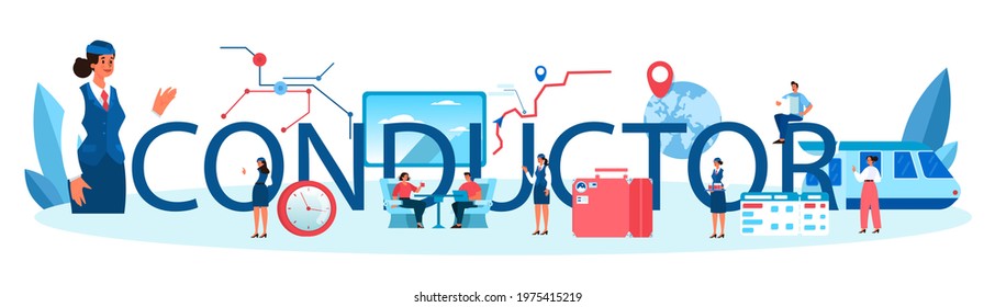 Conductor typographic header. Railway worker in uniform on duty. Train attendant help passenger in journey. Traveling by train. Flat vector illustration
