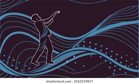 Conductor of the Universe Musical Wave: Abstract Silhouette of a Man in a Cosmic Rhythm