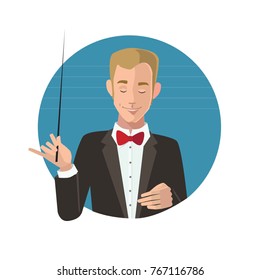 Conductor vector illustration isolated on white background. Cartoon charachter. Enjoing music persone. 